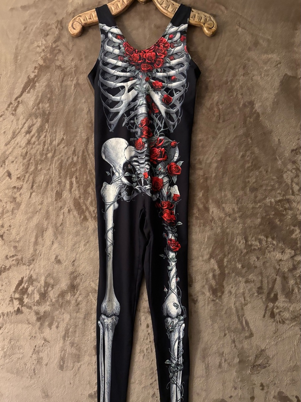 Women’s Black Skeleton Jumpsuit Bones & Red Roses Halloween Costume Size S - Picture 2 of 7